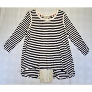 Womens L Tunic Top Striped Split Open Peek a Boo Back Sheer Lace Hi Low